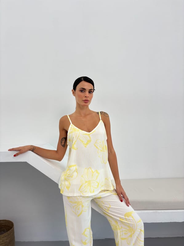 Sarı Çiçek Desen Ayarlanabilir Askı Pamuklu Atlet