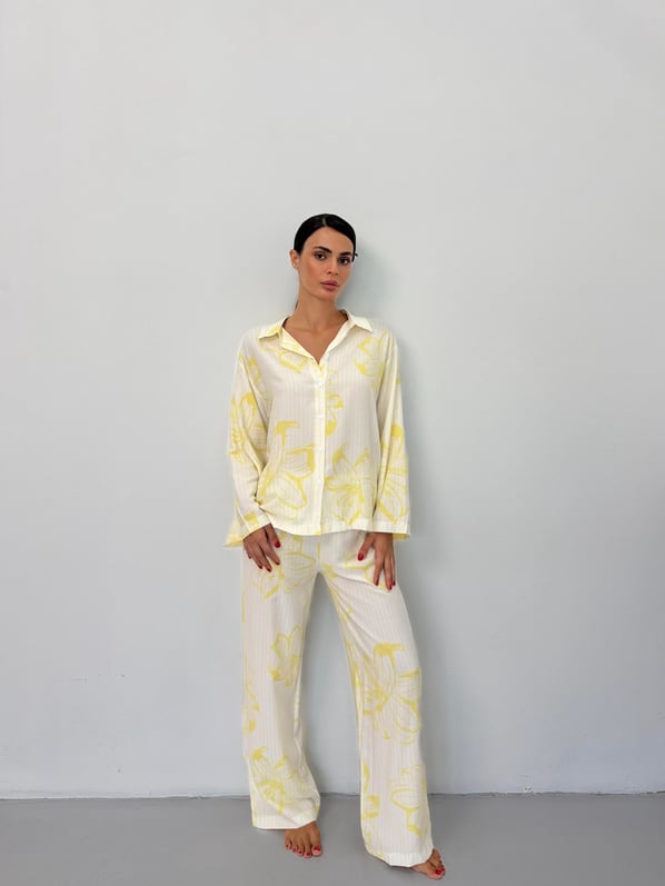 Sarı Çiçek Desen Pamuklu Gömlek Pijama Takım