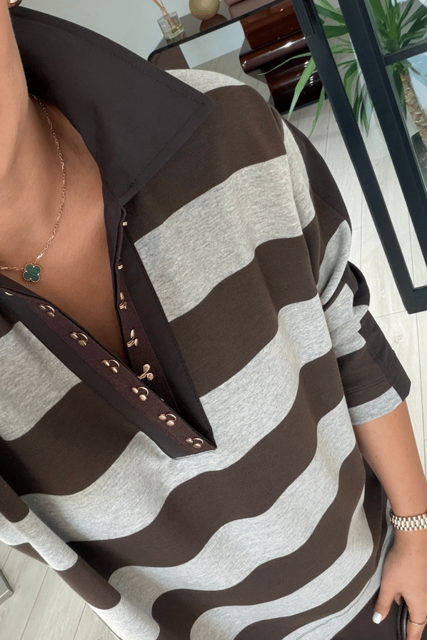 Agraflı Polo Yaka Kahve Çizgili SweatSezgi Tekin