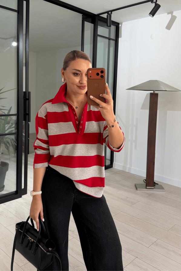 Agraflı Polo Yaka Kırmızı Çizgili SweatSezgi Tekin