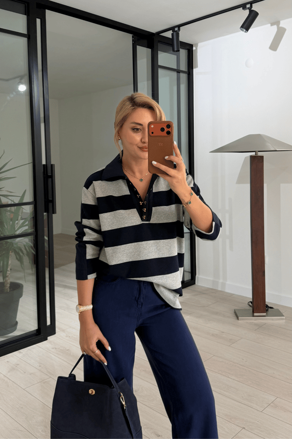 Agraflı Polo Yaka Lacivert Çizgili Sweat