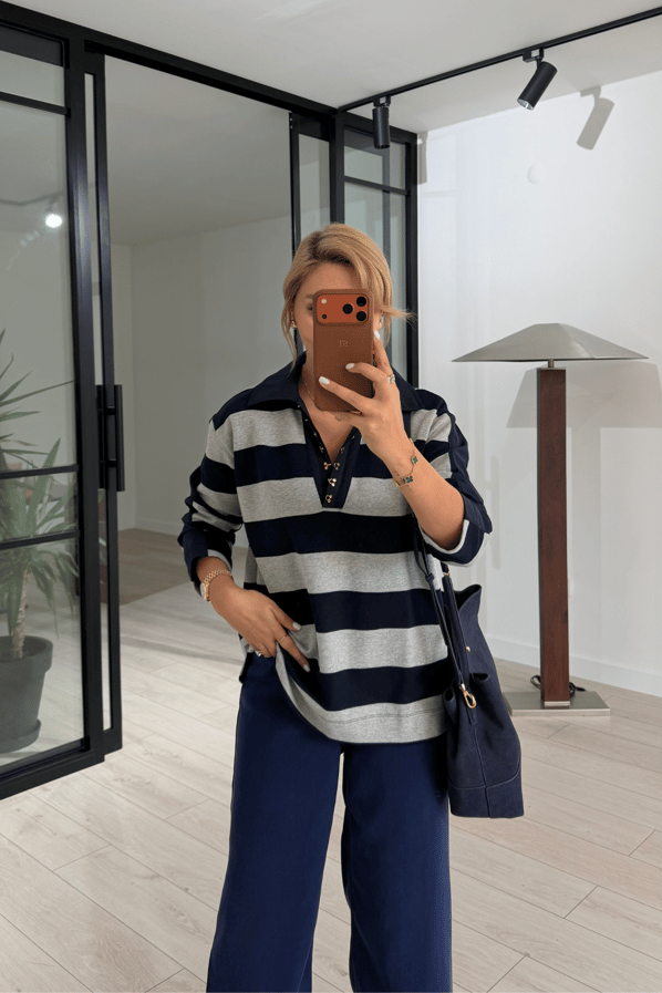 Agraflı Polo Yaka Lacivert Çizgili SweatSezgi Tekin
