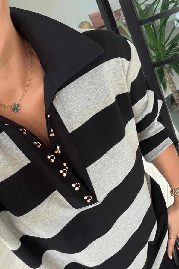 Agraflı Polo Yaka Siyah Çizgili SweatSezgi Tekin
