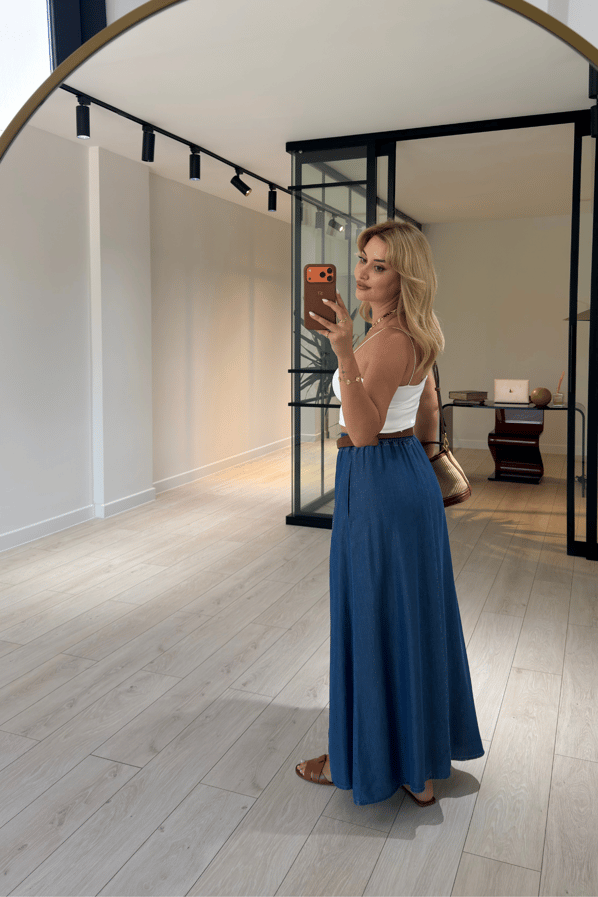 Bel Lastikli Mavi Tensel Denim EtekSezgi Tekin