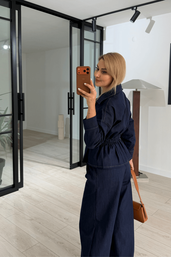 Belden Oturmalı Fermuarlı Ceket / Barrel Pantolon Denim TakımSezgi Tekin