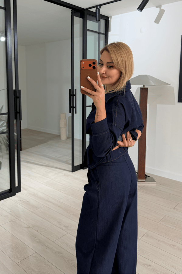 Belden Oturmalı Fermuarlı Ceket / Barrel Pantolon Denim TakımSezgi Tekin