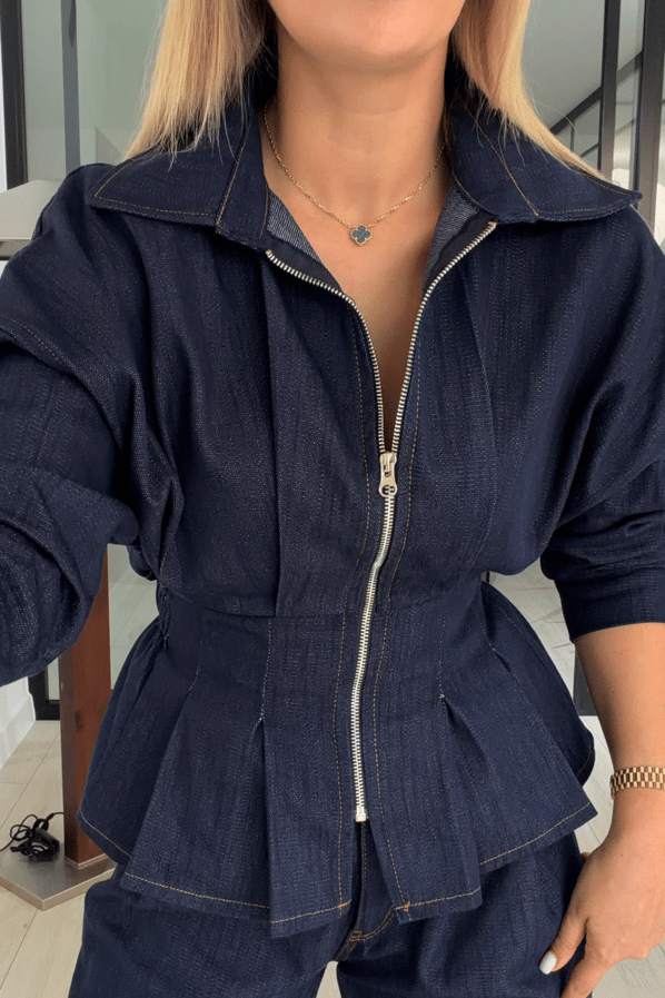 Belden Oturmalı Fermuarlı Ceket / Barrel Pantolon Denim TakımSezgi Tekin