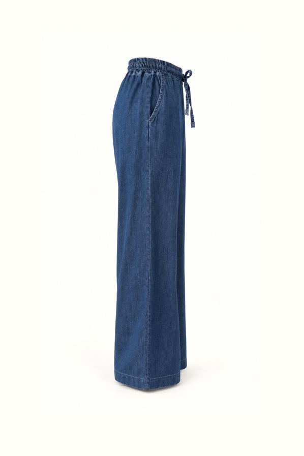 Beli Lastikli Bol Paça Lacivert Denim PantolonSezgi Tekin