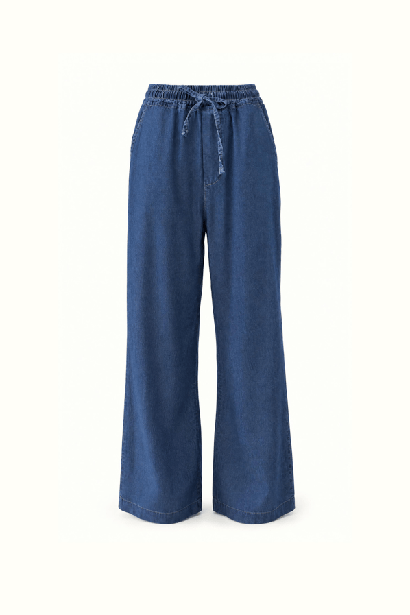 Beli Lastikli Bol Paça Lacivert Denim PantolonSezgi Tekin
