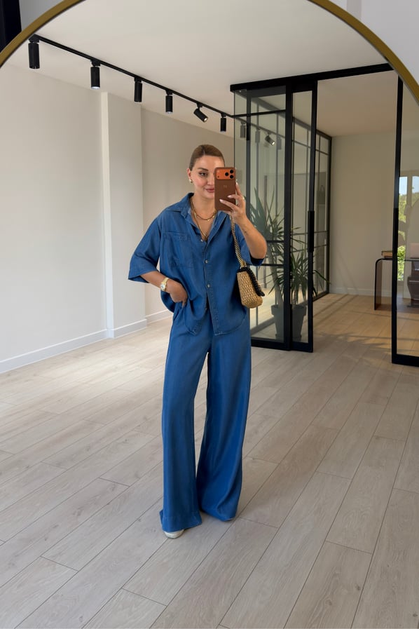 Beli Lastikli Mavi Gömlek Pantolon Tensel Denim TakımSezgi Tekin