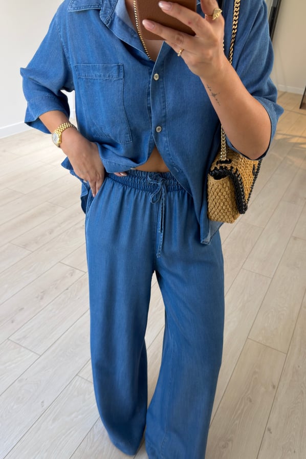 Beli Lastikli Mavi Gömlek Pantolon Tensel Denim TakımSezgi Tekin