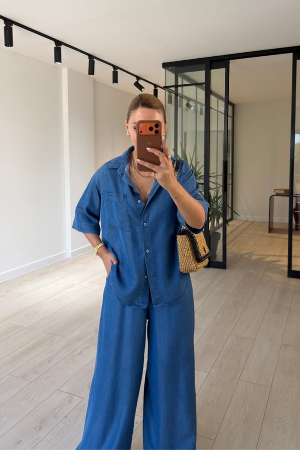 Beli Lastikli Mavi Gömlek Pantolon Tensel Denim TakımSezgi Tekin