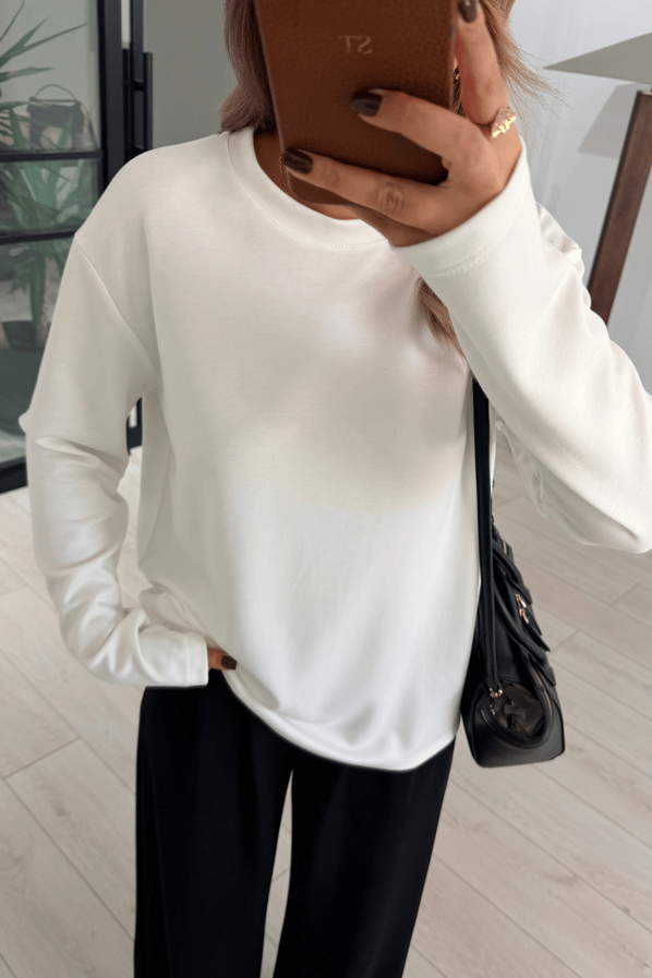 Bisiklet Yaka Uzun Kol Basic Ekru TshirtSezgi Tekin