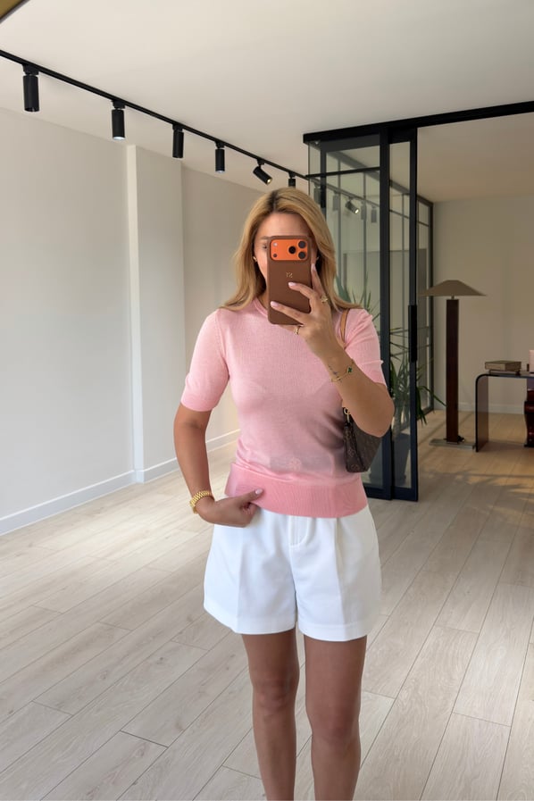 Bisiklet Yaka Yarım Kol İnce Pembe Triko BluzSezgi Tekin