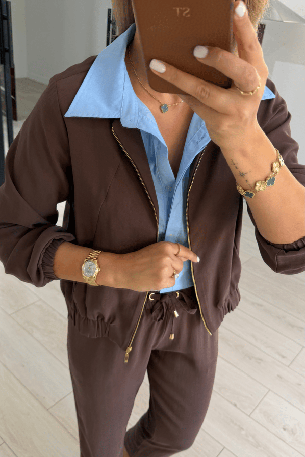 Bomber Ceket / Pantolon Kahve Tensel TakımSezgi Tekin