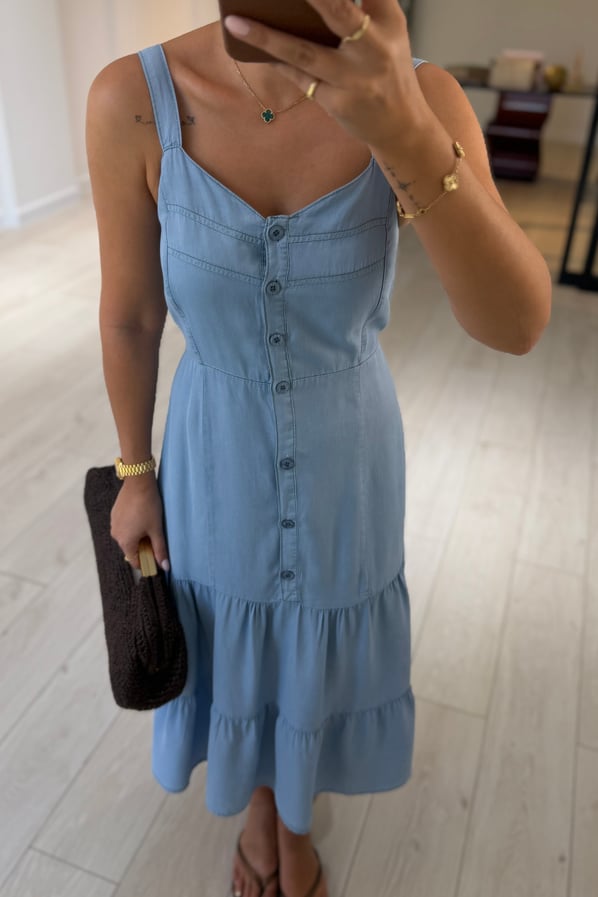 Boydan Düğmeli Buz Mavi Tensel Denim ElbiseSezgi Tekin