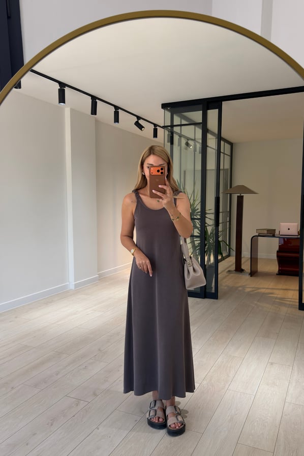 Büzgü Lastik Askılı Kahve Pike Modal ElbiseSezgi Tekin