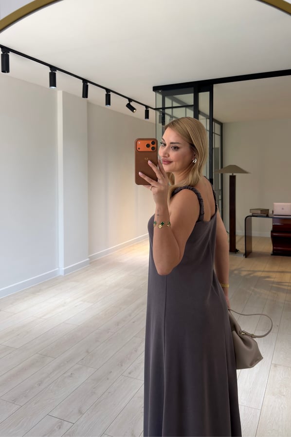 Büzgü Lastik Askılı Kahve Pike Modal ElbiseSezgi Tekin