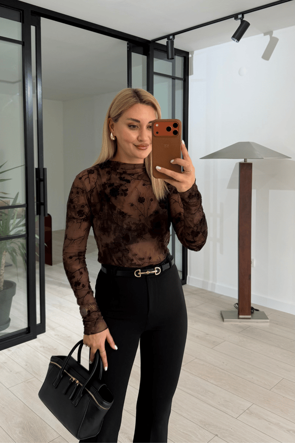 Çiçek Desen Kahve Transparan Tül BluzSezgi Tekin