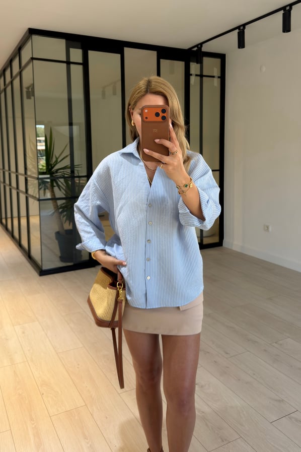 Çizgili Oversize Bebek Mavi Vual GömlekSezgi Tekin