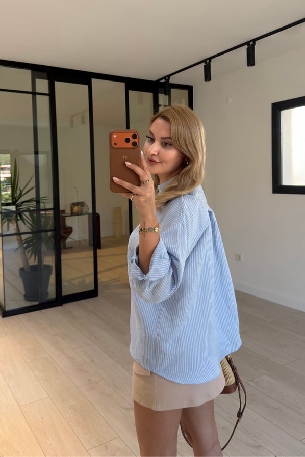 Çizgili Oversize Bebek Mavi Vual GömlekSezgi Tekin