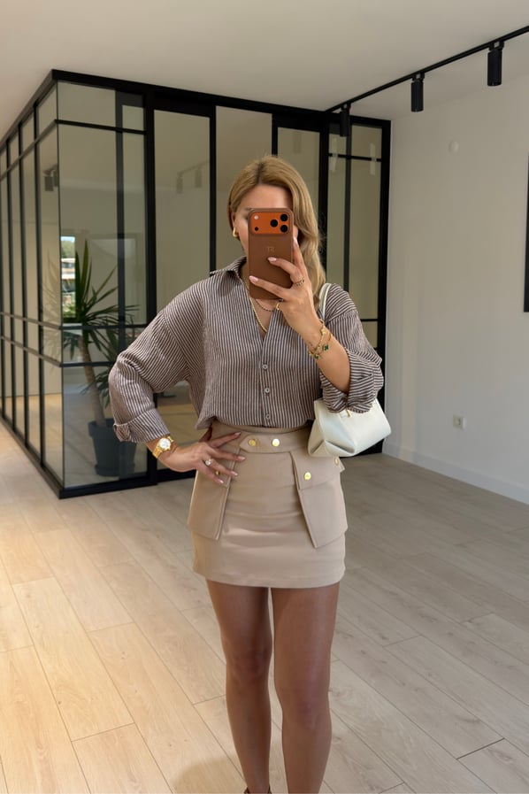 Çizgili Oversize Kahve Vual GömlekSezgi Tekin