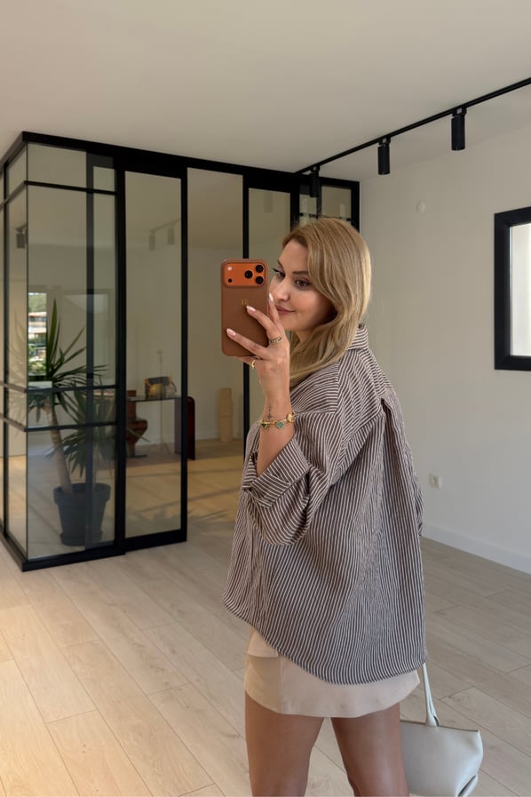 Çizgili Oversize Kahve Vual GömlekSezgi Tekin