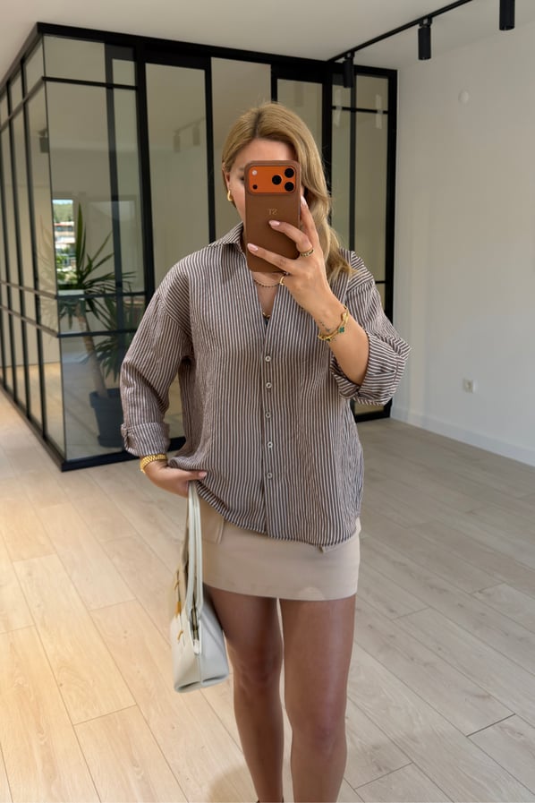 Çizgili Oversize Kahve Vual GömlekSezgi Tekin