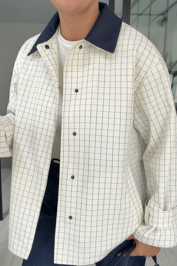 Denim Yaka Kareli Ekru CeketSezgi Tekin