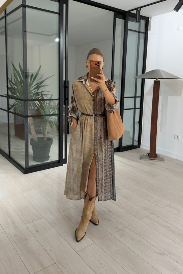 Desen Bloklu Kemerli Camel Gömlek ElbiseSezgi Tekin