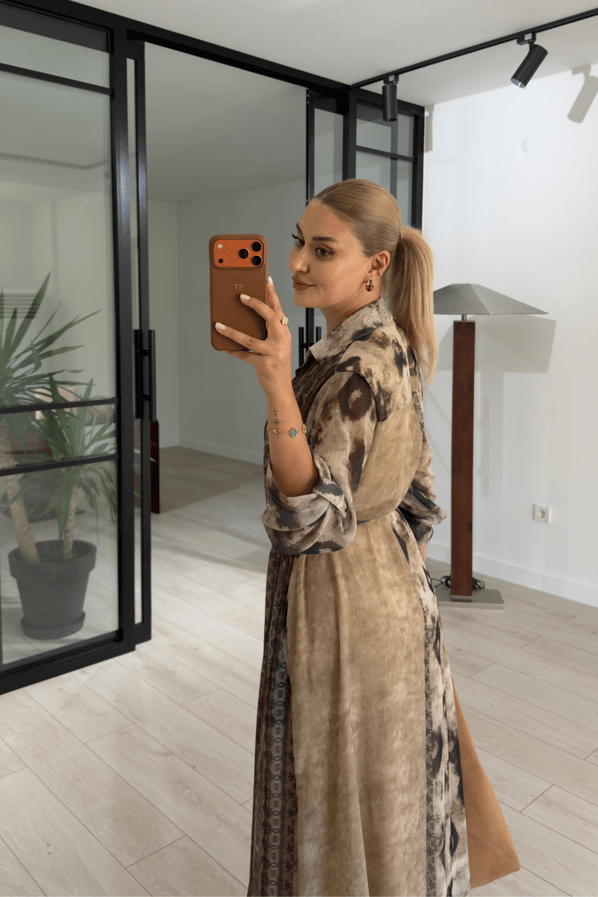 Desen Bloklu Kemerli Camel Gömlek ElbiseSezgi Tekin