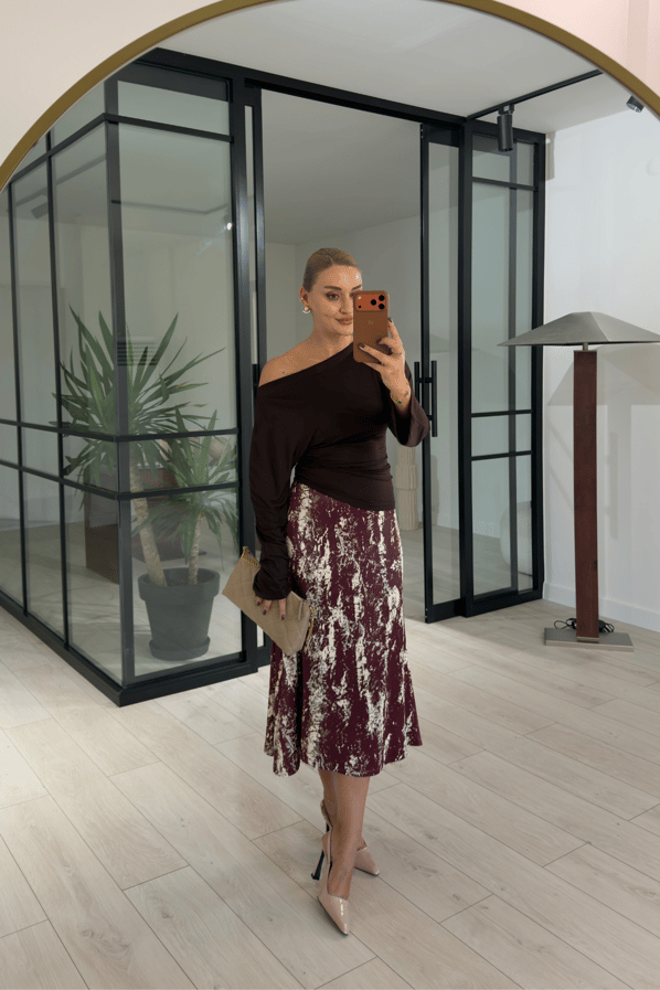 Desenli Bordo Midi Saten EtekSezgi Tekin