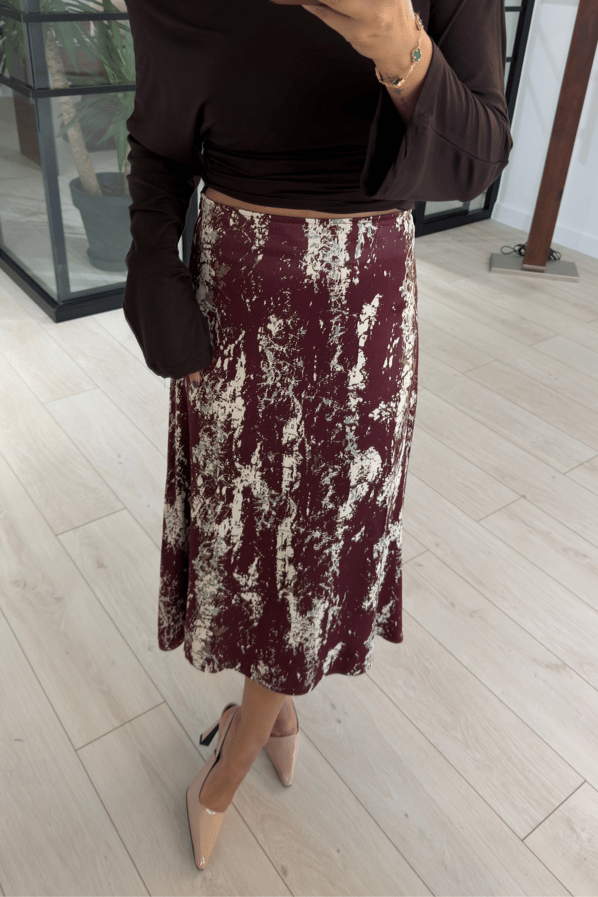 Desenli Bordo Midi Saten EtekSezgi Tekin