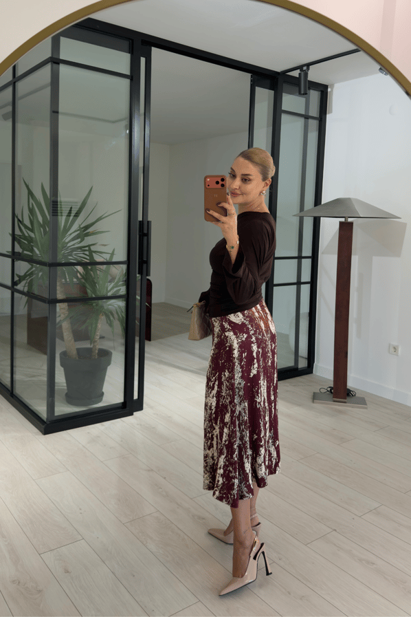 Desenli Bordo Midi Saten EtekSezgi Tekin