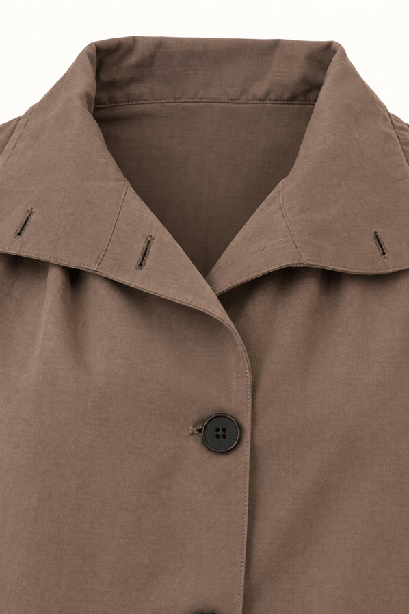 Dik Yaka Bel Büzgülü Oversize Kahve TrençSezgi Tekin