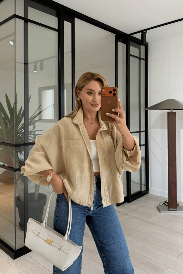Dik Yaka Oversize Taş Fermuarlı Ceket