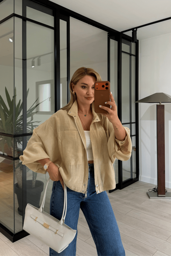 Dik Yaka Oversize Taş Fermuarlı CeketSezgi Tekin