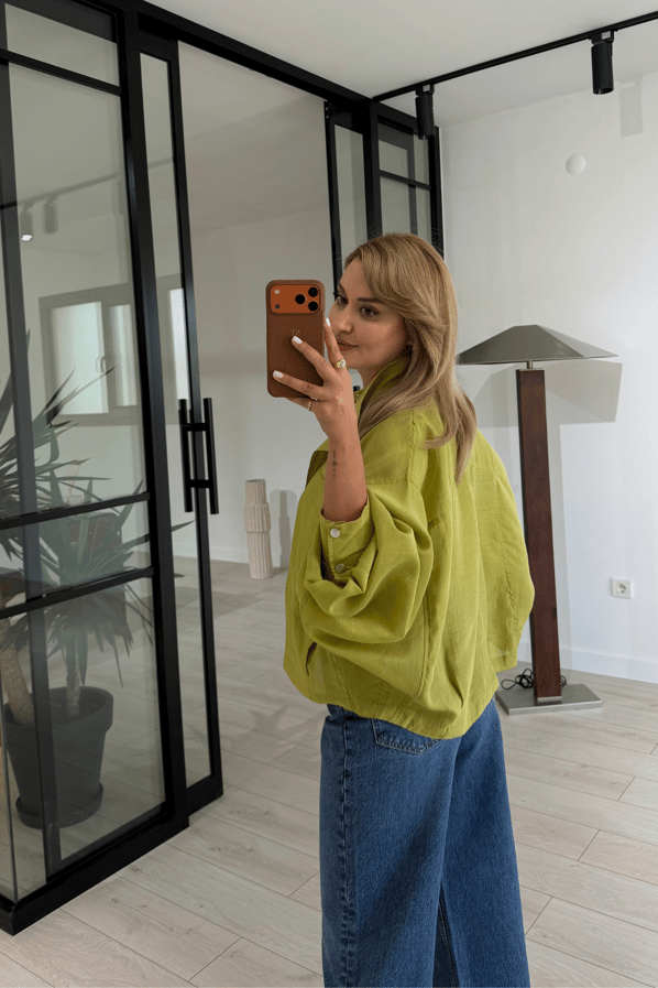 Dik Yaka Oversize Yağ Yeşili Fermuarlı CeketSezgi Tekin