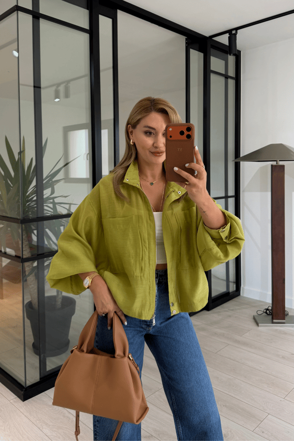 Dik Yaka Oversize Yağ Yeşili Fermuarlı CeketSezgi Tekin