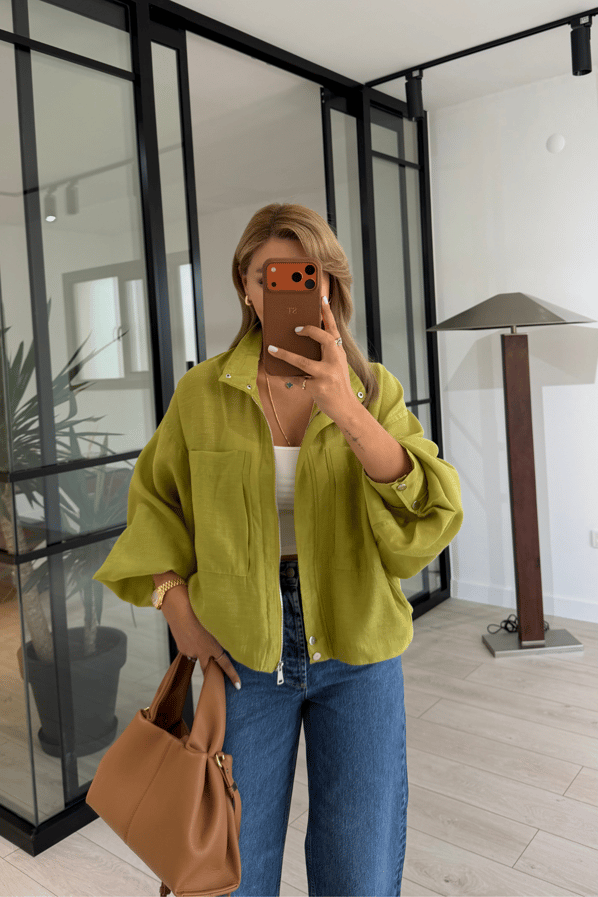 Dik Yaka Oversize Yağ Yeşili Fermuarlı CeketSezgi Tekin