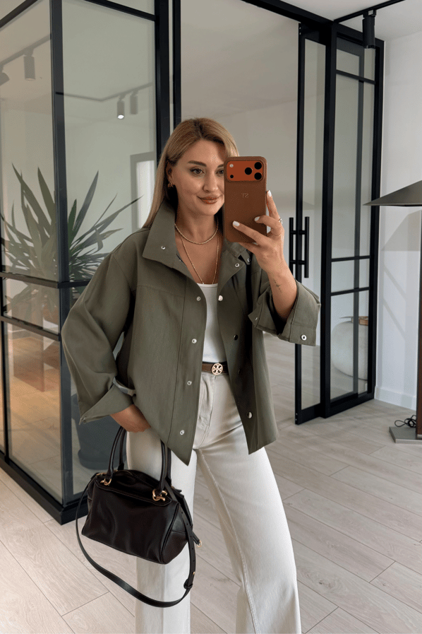 Dik Yaka Pat Düğmeli Haki CeketSezgi Tekin