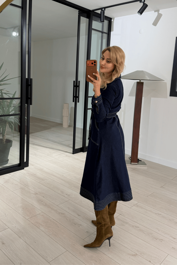Dikiş Detay Lacivert Çan Denim ElbiseSezgi Tekin