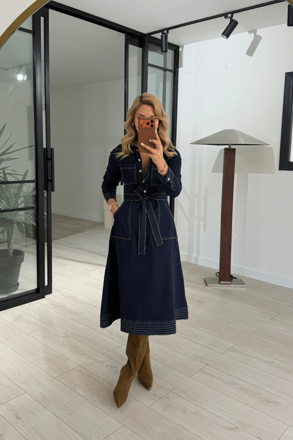 Dikiş Detay Lacivert Çan Denim Elbise