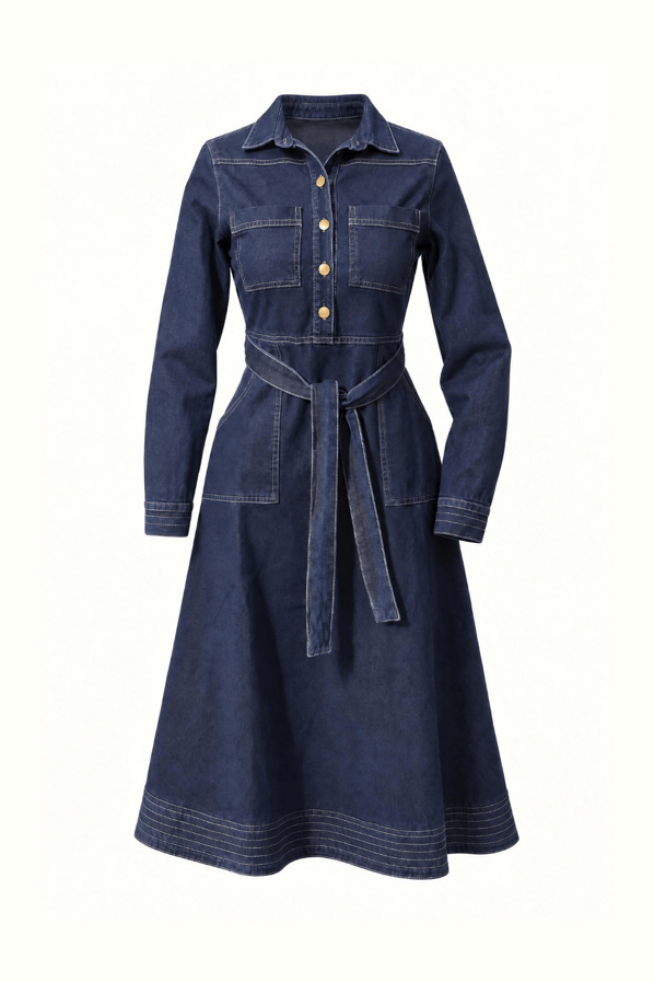 Dikiş Detay Lacivert Çan Denim ElbiseSezgi Tekin