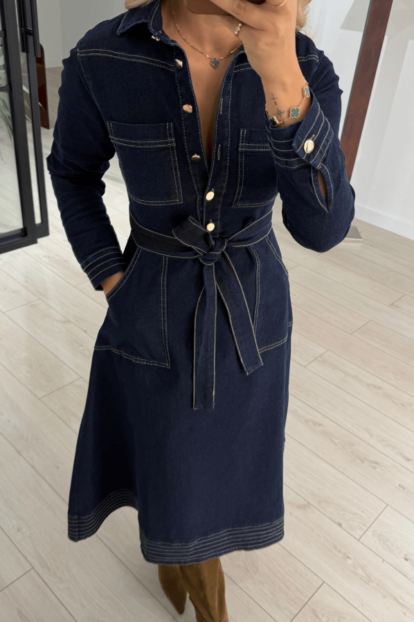 Dikiş Detay Lacivert Çan Denim ElbiseSezgi Tekin