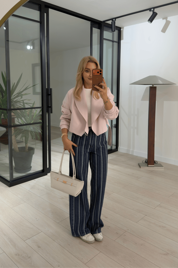 Dokulu Çizgili Lacivert Wide Leg JeanSezgi Tekin
