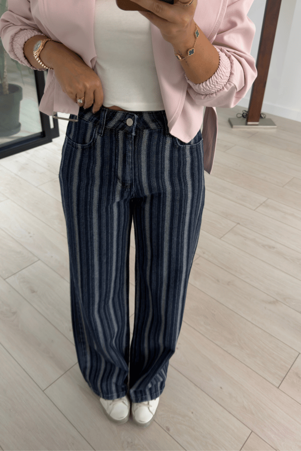 Dokulu Çizgili Lacivert Wide Leg JeanSezgi Tekin