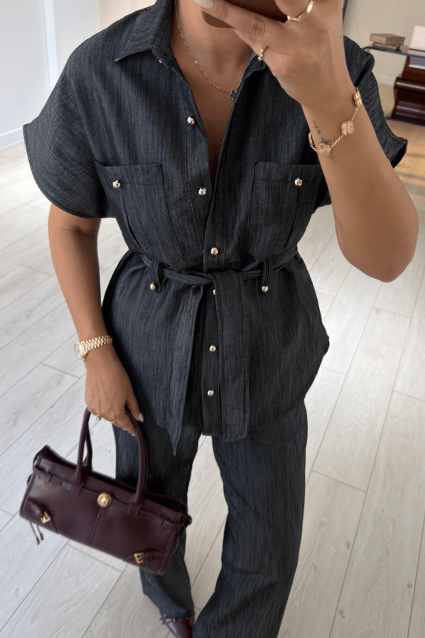 Düğme Detay Kuşaklı Füme Denim Gömlek / Pantolon TakımSezgi Tekin