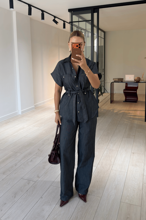 Düğme Detay Kuşaklı Füme Denim Gömlek / Pantolon TakımSezgi Tekin