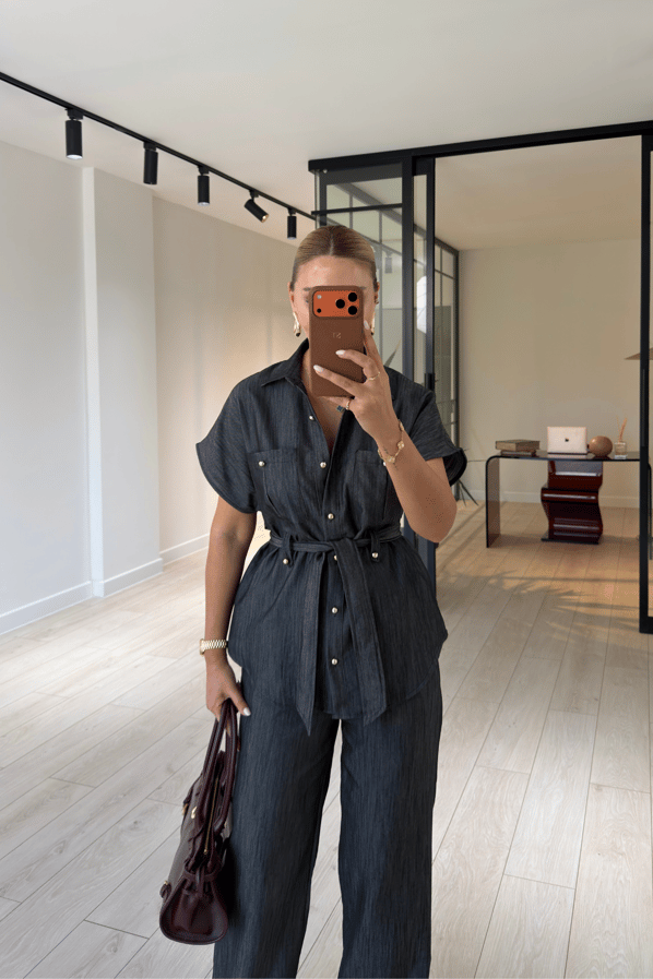 Düğme Detay Kuşaklı Füme Denim Gömlek / Pantolon TakımSezgi Tekin